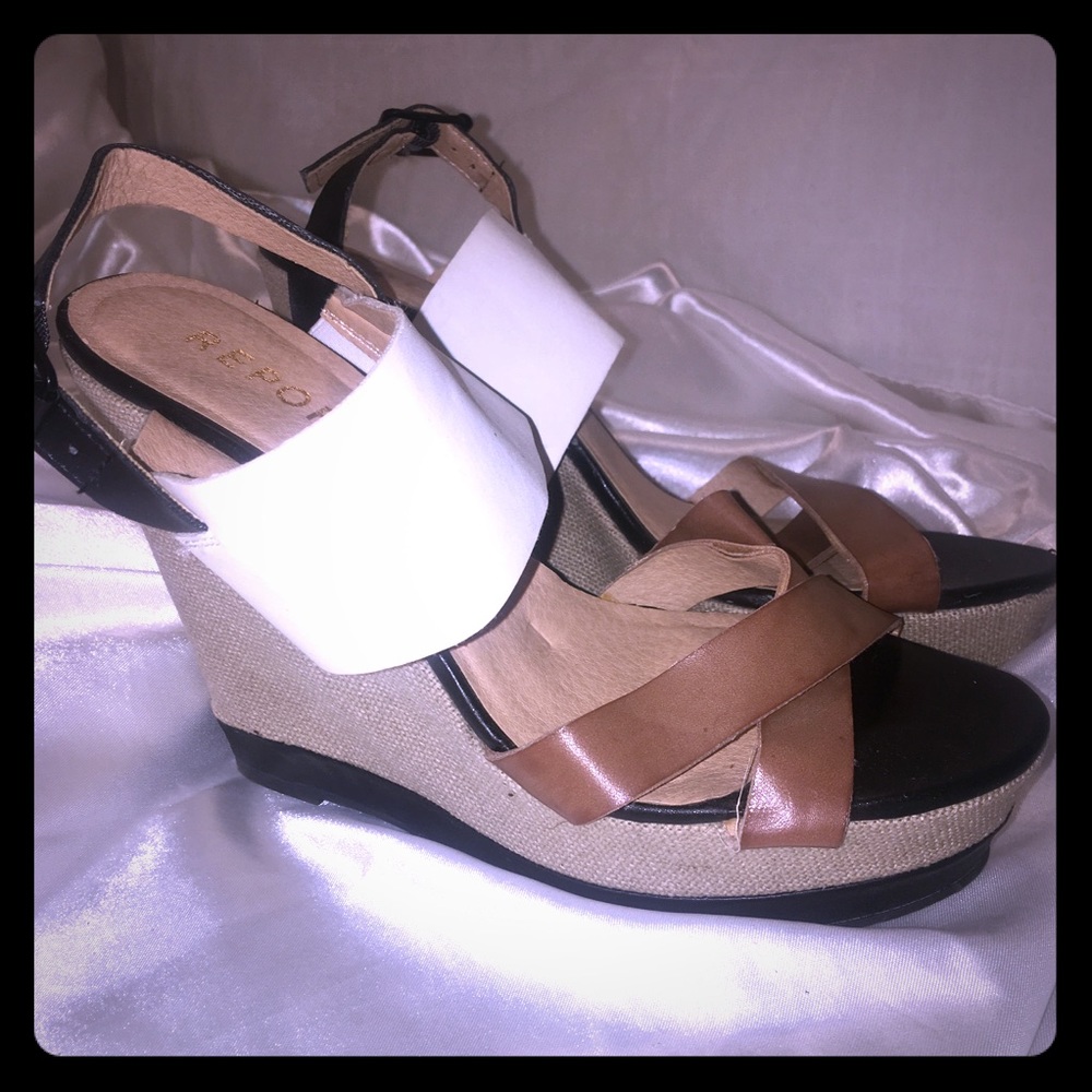 TALL!! REPORT 5” heel sandal wedges leather straps brown white black size 8.5